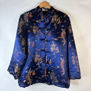 Golden Dragon Jacket Womens XXL Navy Blue Dragon Phoenix Brocade Frog Button